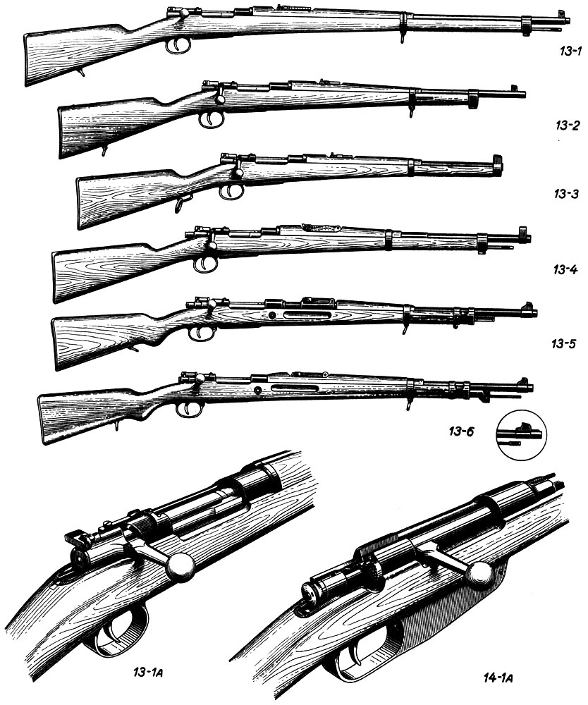 Магазинные винтовки. 13. Испания: 13-1. Маузер, 1893 г. 13-2. Маузер, 1893 г, (короткая винтовка). 13-3. Маузер, 1895 г. (карабин). 13-4. Маузер, 1916 г. 13-5. Маузер, 'Стандарт'. 13-6. Маузер, '98/43'