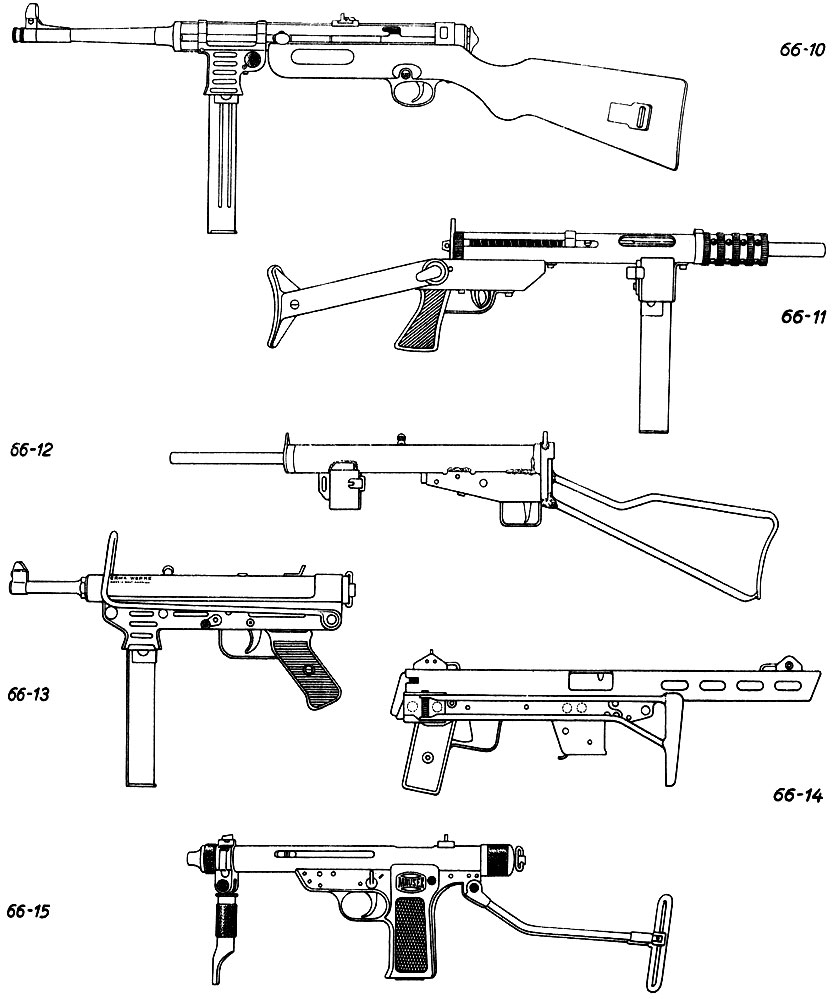 Пистолеты-пулеметы. 66. Германия (до 1945 г.): 66-10. МП-41. 66-11 и 66-12. Подражания английской системе СТЭН. 66. ФРГ: 66-13. Эрма, МП-58. 66-14. Эрма, МП-64. 66-15. Маузер, М-57